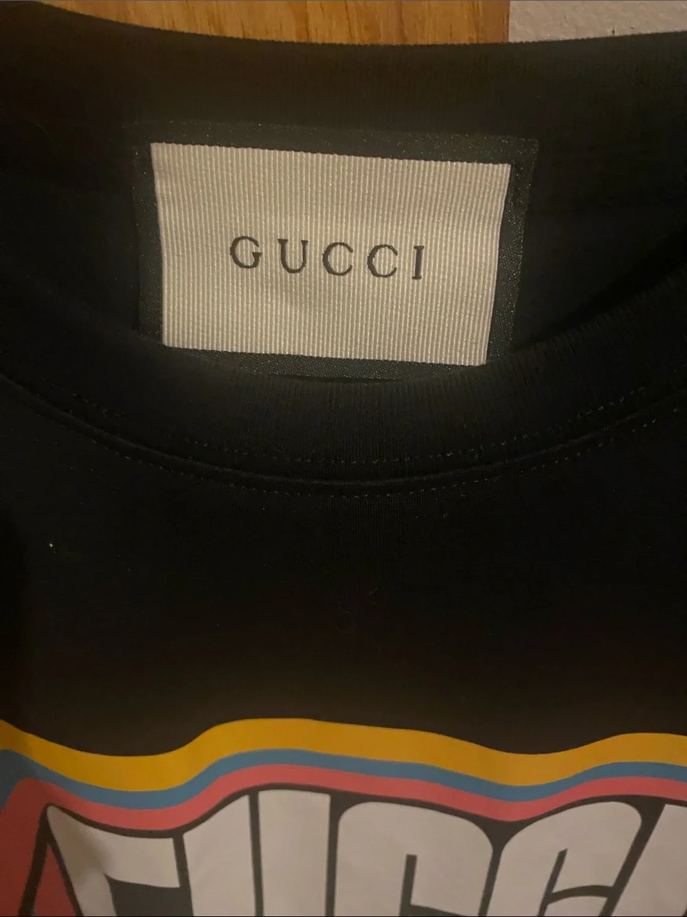 Gucci Black Tee with Multicolor Retro Logo